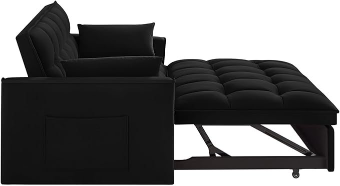 KEIKI Velvet Loveseat Convertible Sofa Bed Sleeper Chair with Adjustable Backrest, Pillows & Storage Pockets, 3 in 1 Pull-Out Couch Chaise Lounge Recliner for Living Room Balcony Bedroom, Black