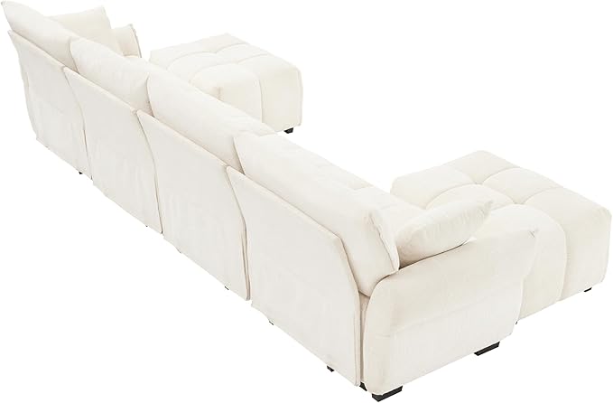 Modern Chenille Fabric 4-Seat Sofa w/Two Ottoman+2 Pillows, Premium Upholstery Living Room Couch with Tufted Backrest & Comfortable Armrests and High-Resilience Memory Foam Cushions,White