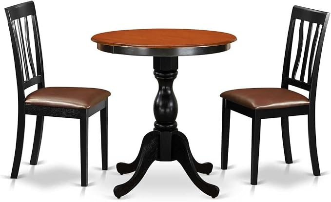 East West Furniture ESAN3-BCH-LC 3 Piece Kitchen Table & Chairs Set Contains a Round Dining Room Table with Pedestal and 2 Faux Leather Upholstered Dining Chairs, 30x30 Inch, Black & Cherry