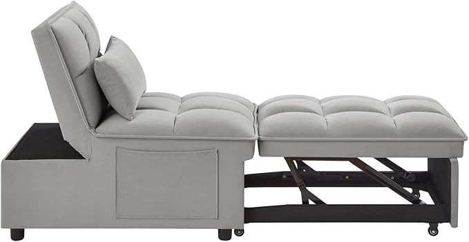 KEIKI Velvet Single Convertible Sleeper Chair Sofa Bed with Adjustable Backrest, Pillows & Storage Pockets, 3 in 1 Pull-Out Couch Chaise Lounge Recliner for Living Room Balcony Bedroom, Grey