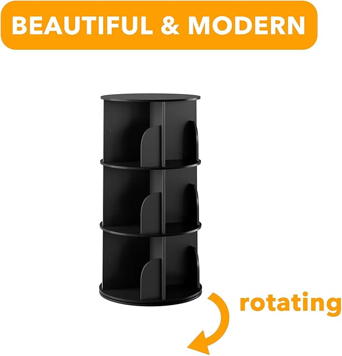 SpaceAid 3 Tier Rotating Bookshelf Tower, Spinning Bookcase Lazy Susan, Revolving 360 Book Shelf Storage Round Carousel, Vertical Rotate Turning Spiral Corner Organizer, Black