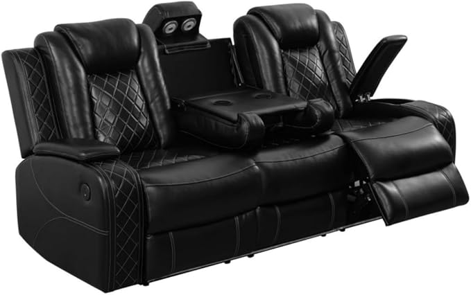 Electric Power Recliner Sofa Living Room Furniture, Comfy Home Theater Breathing Leather Seating with USB 2.0 Charging Ports, LED Light Strips, Fold-Down Table & Wireless Charging Device (Black)