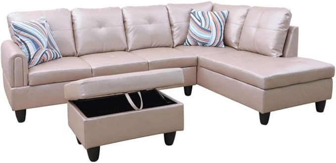 Latte L-Shaped 3-Piece Faux Leather Sofa with Storage Ottoman Set, Sectional Couch Sofa Set for Living Room, Office, Small Space