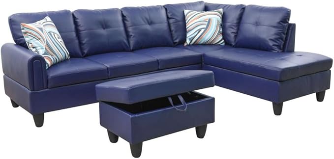 Blue L-Shaped 3-Piece Faux Leather Sofa with Storage Ottoman Set, Sectional Couch Sofa Set for Living Room, Office, Small Space