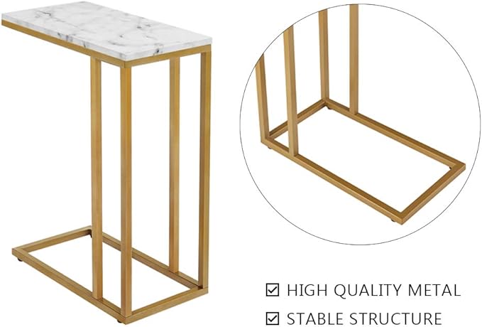 C-Shape Side End Table, Faux Marble Tray Snack Table with Metal Frame, Laptop Coffee Holder, Modern Furniture (Gold,1pcs)
