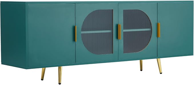 VEVOR TV Stand for TVs up to 75 inch, Modern Entertainment Center with Glass Doors and Gold Legs, TV Cabinet Storage with Adjustable Shelves, Media Console Table for Living Room and Bedroom, Green
