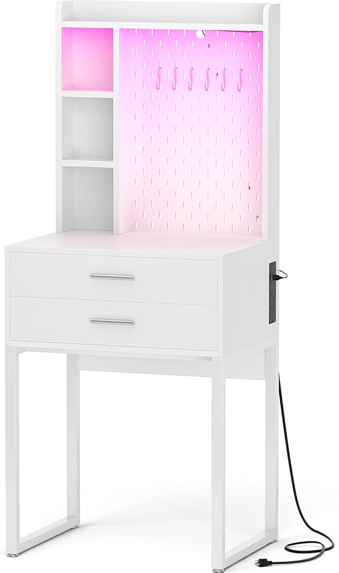 Small Vanity Desk with Hutch and Drawers, White Makeup Vanity Desk with Charging Station, Vanity Table Dressing Table with LED Lights, Vanity Desk No Mirror with Pegboard for Girls Women, 24"