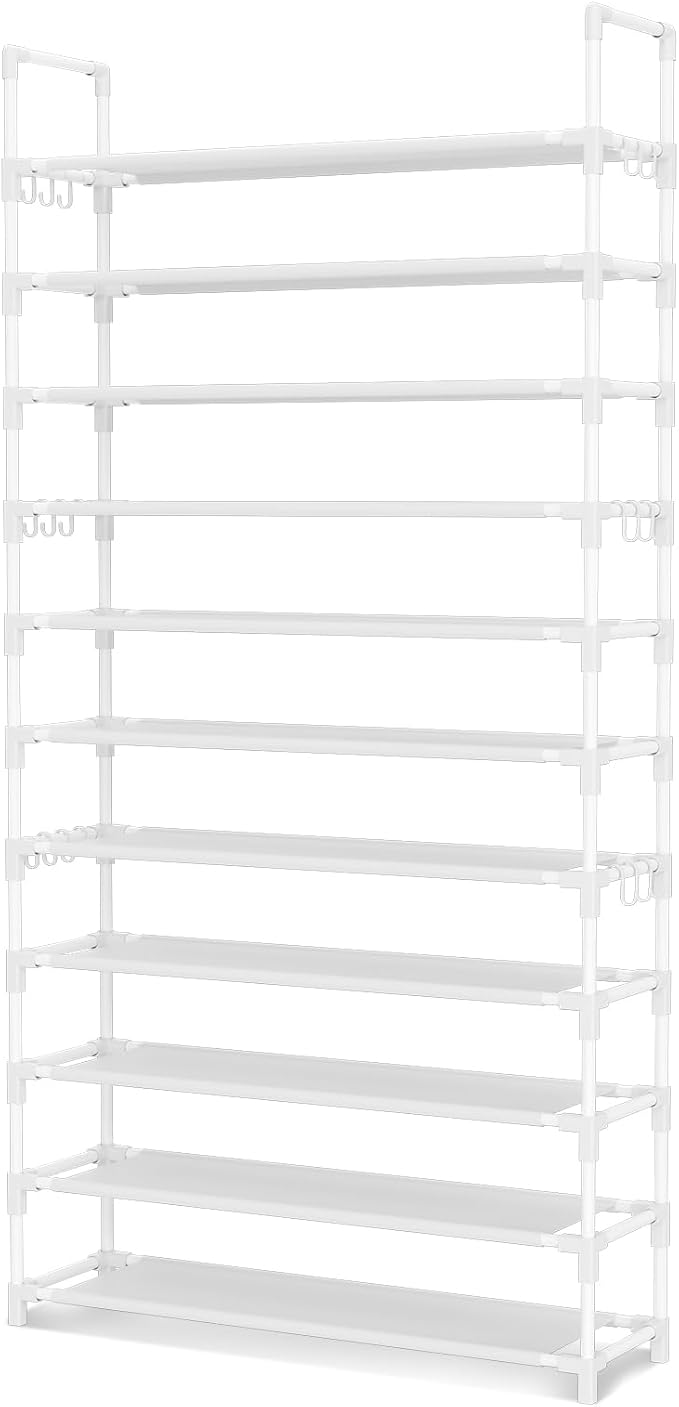 11 Tiers Tall Shoe Rack Holds 55 Pairs of Shoes with 18pcs Hooks Sturdy Wide Shoe Organizer Storage Free Standing Metal Shoe Shelf for Closet, Entryway White