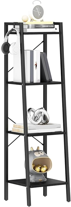 Ladder Shelf, Bookshelf Bookcase, Freestanding Corner Storage Shelve with 2 Hooks for Home Office, Living Room, Kitchen, Bedroom, Industrial, 4-Tier Black BC13204B