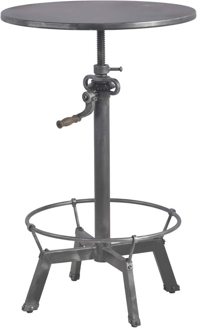 LOKKHAN 33.5"-39.4" Tall Industrial Bar Table-Adjustable Bar Height Pub Table-23.7" Dia Swivel Round Metal Top-Easily Adjusts by Crank Handle, Silver Gray