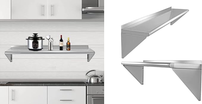 12''x48'' - 2packs Wall Mounted Stainless Steel Shelf NSF Commercial Metal Wall Mount Floating Shelving for Kitchen, Restaurant, Food Truck,Garage,Washrooms,Home&Hotel