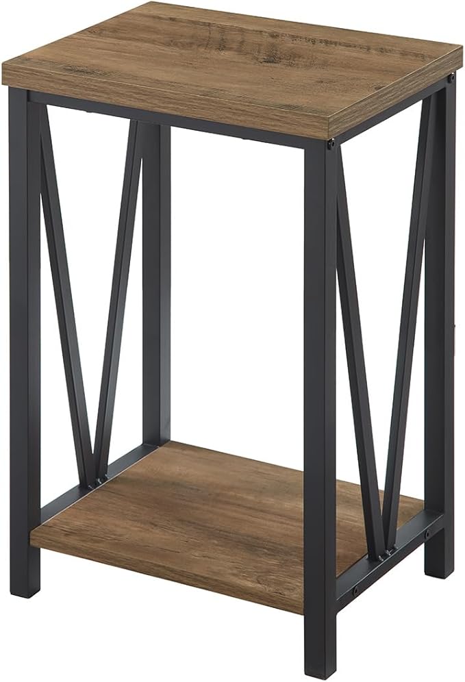 FOLUBAN Side Table with Storage Shelf, Rustic End Table for Living Room, Wood and Metal Nightstand for Bedroom, Oak