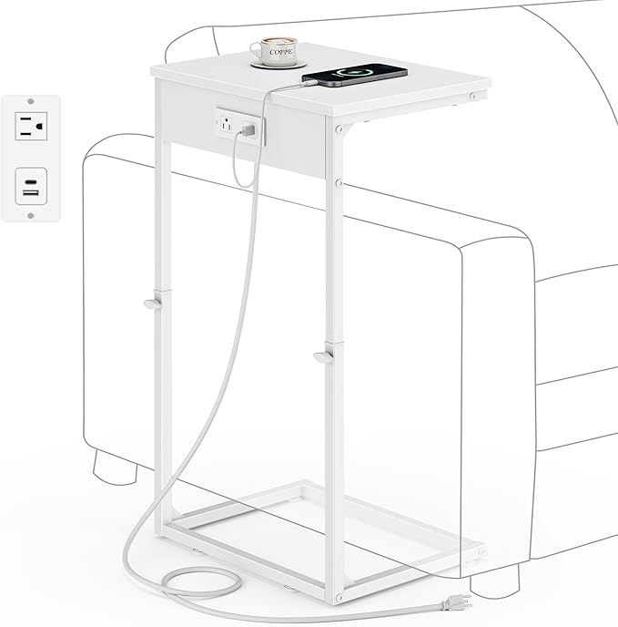 Vagusicc C Shaped End Table with Charging Station, Adjustable Height Side Table for Couch, Small End Table Small Spaces, 33.2'' Tall Couch Tables that Slide Under, Tv Tray Table for Living Room, White