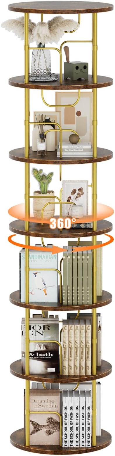 6 Tier Rotating Bookshelf, 360 ° Display Stackable Spinning Bookshelf Tower, Corner Bookshelf Tall Floor Standing Swivel Bookcase Narrow Storage Organizer for Bedroom, Living Room, Gold