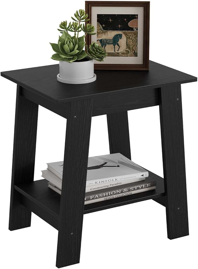 Garvee End Table, Side Table with 2-Tier Storage Shelf, Sofa Table for Small Space, Square Nightstand for Entryway, Farmhouse, Living Room, Easy Assembly, Black
