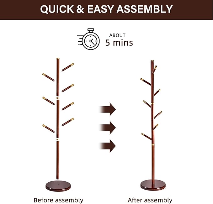 CozyDH Coat Rack Freestanding Solid Wood Coat Rack Stand, Coat Tree Freestanding with 7 Hooks Creative Tree Branch-look for Entryway, Hallway, Bedroom (Walnut)
