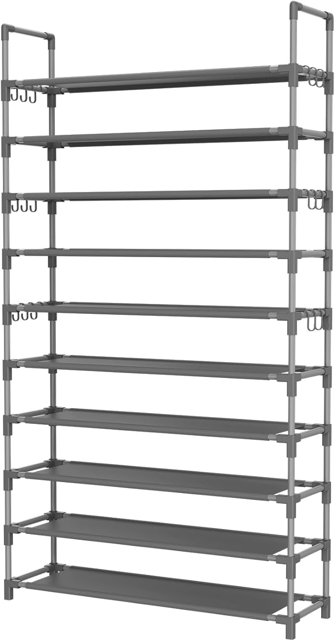 Tall Shoe Rack 10 Tier Shoe Organizer Large Shoe Shelf with 18 Hooks Storage for 50 Pair Sneaker and Boot, Stackable Vertical Shoe Rack Organizer for Closet, Entryway, Bedroom, Grey