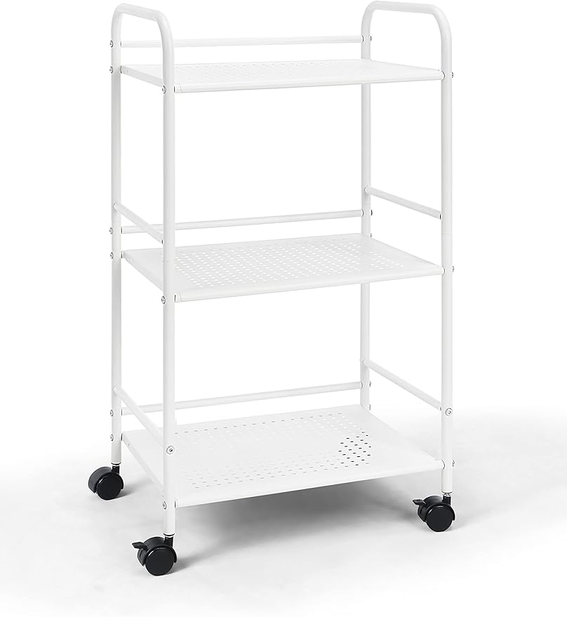 SunnyPoint 3-Tier Rolling Utility Cart – Metal Storage Organizer with Wheels, Mobile Kitchen Cart, Office & Home Organizer, White, 12" D x 16.92" W x 31.1" H
