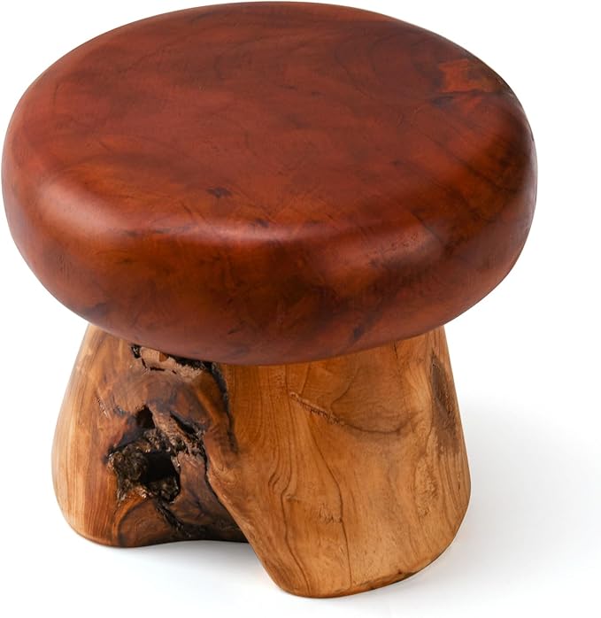 8 Inch Small Mushroom Wood Decoration, Unique Design Live Edge Wood Stool, Freeform Natural Plant Stand for Garden, Yard, Living Room, Bedroom