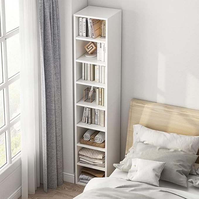IOTXY Small Narrow Corner Bookcase - 71 Inches Tall Gap Freestanding Storage Cabinet, 8 Lattices Open Shelves Tower Rack, Cubes Bookshelf in Oak