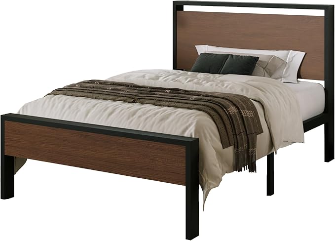 Allewie Twin Size Platform Bed Frame with Wooden Headboard and Footboard, Heavy Duty Metal Slats Support, No Box Spring Needed, Under-Bed Storage, Noise Free, Easy Assembly, Walnut