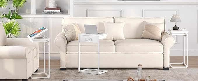 C Shaped End Table with Charging Station, 45° Tiltable Adjustable Flip Top Side Table with Storage,Small C Table for Small Spaces,Slide Under Couch Sofa Bedside Table for Living Room,White
