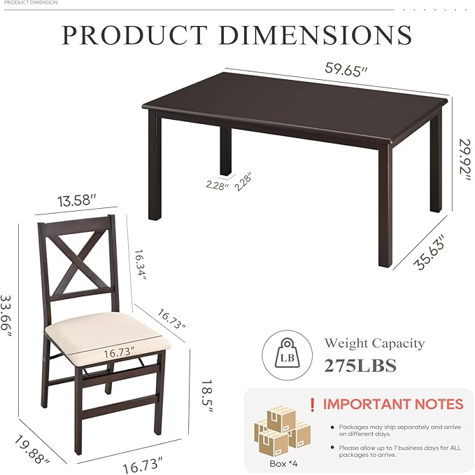 COLAMY 60 Inch Rectangular Kitchen Dining Table for 6, Modern Farmhouse Dining Table Set for 6, Wood Dining Table and Folding Dining Chairs for Kitchen, Dining Room, Restaurant, Brown/Beige