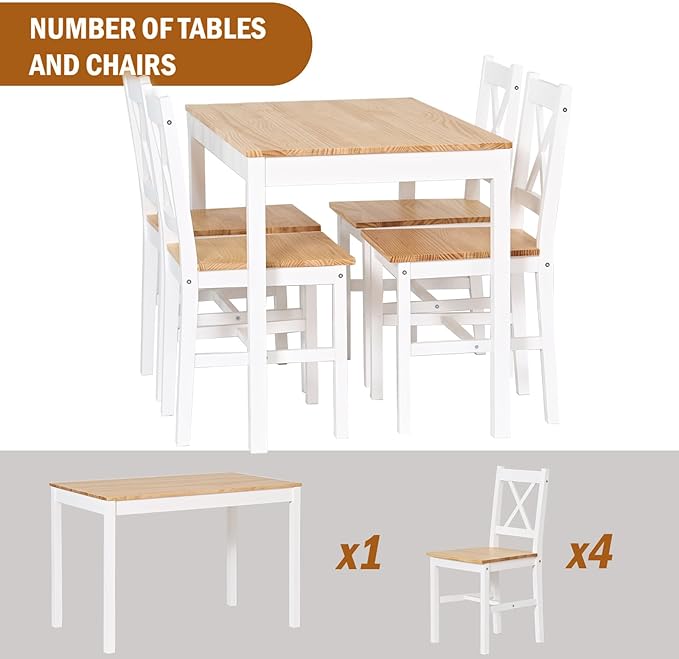 soges Dining Table Set for 4, 42.5 inch Pine Wood Dining Room Table with 4 Chairs, 5-Piece Kitchen Table Chairs Set for Small Space, Apartment, Dinette, Breakfast, White and White