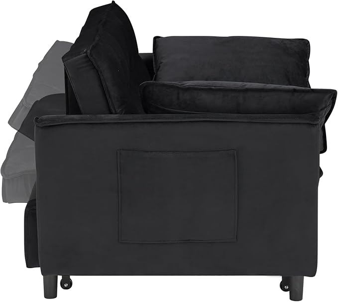 Ball & Cast 55" Convertible Sleeper Sofa Bed,Convertible Pull Out Couch with 2 Pillows,Adjustable Backrest & Side Pocket,Loveseat Futon Sofa Bed for Living Room,Apartment,Velvet Fabric,Black