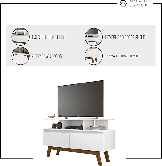 Manhattan Comfort Yonkers 71 Inch Mid Century Modern TV Stand with Storage, 3 Flip Down Door, Hole for Wire Management, Fits Up to 60" Television, Durable & Versatile Console Table, White