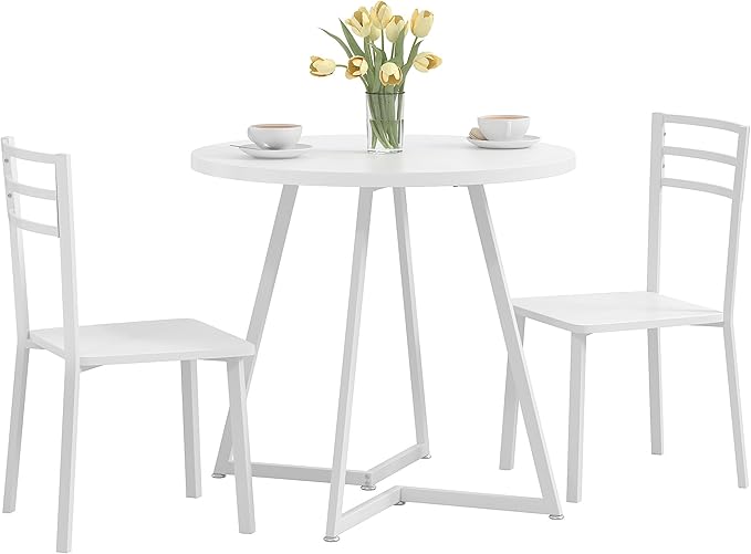 VECELO Small Round Dining Table Set for 2, Wood Tabletop with Strong Metal Frame, Modern Dinette with Chairs for Kitchen, Breakfast Nook Living Room, Pure White