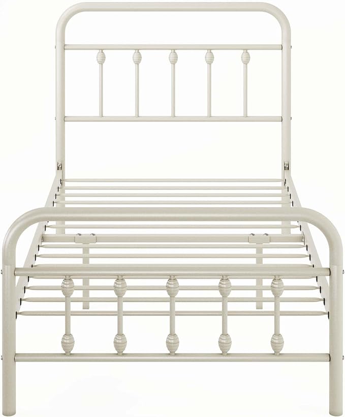 Allewie 14 Inches Twin Size Metal Platform Bed Frame with Victorian Style Iron-Art Headboard/Footboard, Mattress Foundation, Easy Assembly, Under Bed Storage, No Box Spring Required, Off White