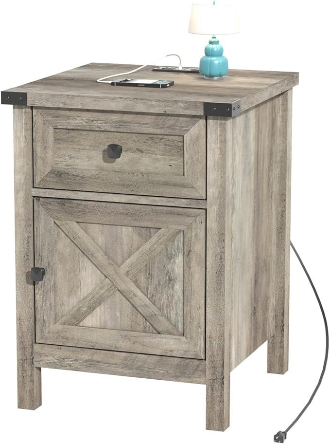 Rustic Nightstand with Charging Station, Night Stand with Barn Door and Drawer, Storage Bedroom Living Room Bedside Table Farmhouse End Table Industrial Bedside Table with USB Ports and Outlets,Grey
