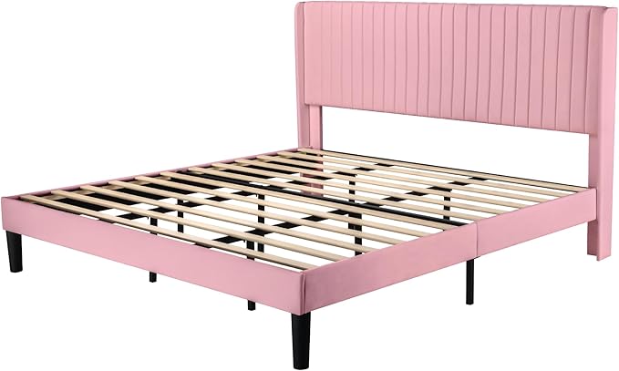 Allewie King Size Velvet Bed Frame/Vertical Channel Tufted Wingback Headboard/Upholstered Platform Bed/Strong Wooden Slats/No Box Spring Needed/Easy Assembly/Pink