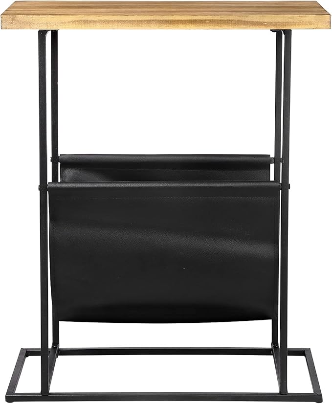MyGift 21-Inch Modern Narrow Living Room End Table with Solid Burnt Wood Tabletop and Black Metal Frame, Bedroom Nightstand Side Table with Magazine Holder Sling