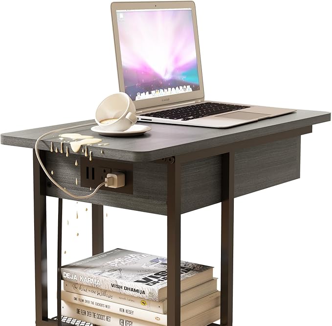 LIDYUK C Shaped End Table with Charging Station, Flip Top Side Table with USB Ports and Outlets, C Table Sofa Table with Storage Shelf for Living Room, Bedroom, Dark Grey
