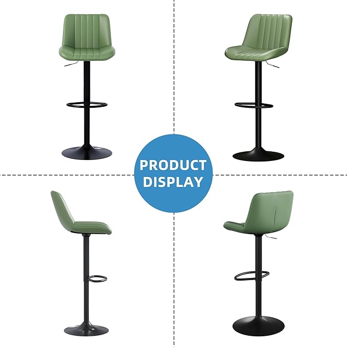 Shintenchi Swivel Bar Stools Set of 2, Adjustable Faux Leather Upholstered Swivel Counter Stools, Armless Bar Height Island Chairs with Back and Footrest, Green