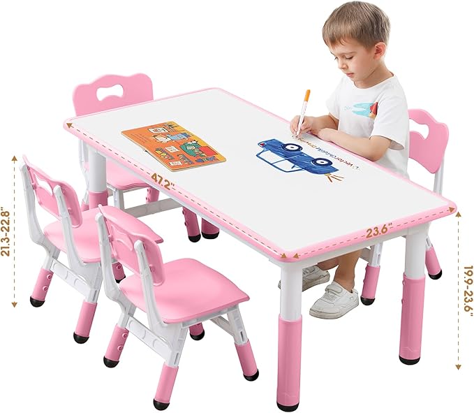 Kids Table and Chairs Set, Height Adjustable Desk With 6 Seats for Ages 3-12,Arts & Crafts Table,Graffiti Desktop, Non-Slip Legs, Max 300lbs, Children Multi-Activity Table for Classrooms,Daycares,Home