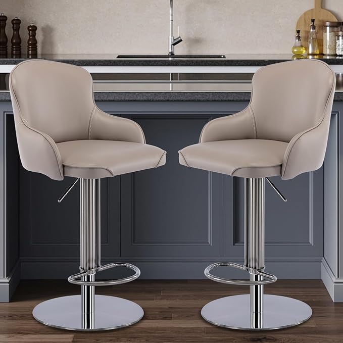 Black Titanium Stainless Steel Bar Stools,Grade Modern Leather Bar Chair with Backrest,Swivel Adjustable Height for Kitchen Counter and Dining Room (Grey Leather-2pcs)