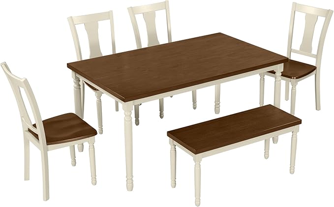 SogesPower Classic 6-Piece Dining Table Set for 4-6,Rectangular Farmhouse Wooden Dining Table Set with 4 Chairs & 1 Bench for Dining Room Living Room,Brown+Cottage White