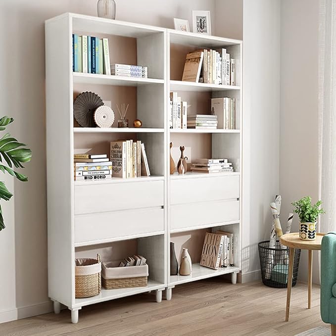 IOTXY White Mid-Century Bookcase with Legs - 67" Tall Open Shelves Cube Billy Bookshelf with Double Drawers for Home and Office