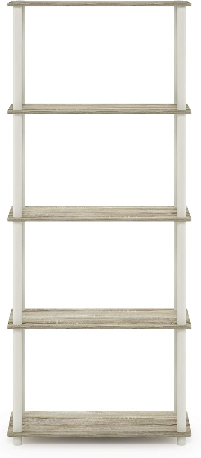 Furinno Turn-N-Tube 5-Tier Multipurpose Shelf / Display Rack / Storage Shelf / Bookshelf, Round Tubes, Sonoma Oak/White