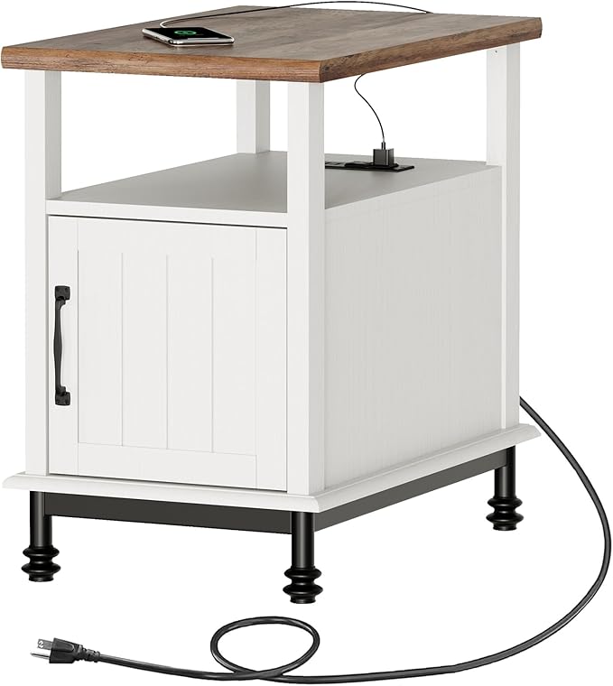WAMPAT Narrow End Table with Charging Station, Farmhouse Side Table with Open Storage & Storage Cabinet for Living Room, Wooden Nightstand for Bedroom with Metal Legs, White/Oak