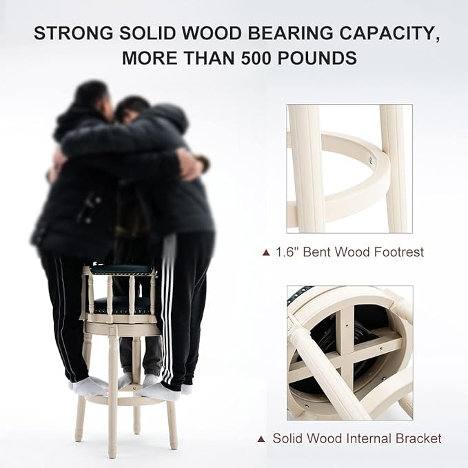 Cow top Leather Wooden Bar Stools, 360 Degree Swivel Bar Height Chair with Backs for Home Kitchen Counter, Morden Chair Barstools (Ivory Wood 1pc-Blue Seat, Bar Height-Seat Height 29.5”)