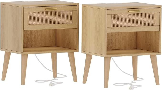 Irontar 17.7''L Nightstand Set of 2, Bedroom Night Stand with Charging Station & Rattan Drawer, Boho Style Bed Side Tables with Solid Legs, Accent End Table with Open Storage, Natural BZZ007ME02