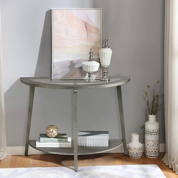 COSIEST 2-Tier Glass Console Table, Semi-Circular MDF Entryway Table with Storage Shelf, Modern Wood Sofa Side Table for Bedroom Living Room Hallway, Antique Silver