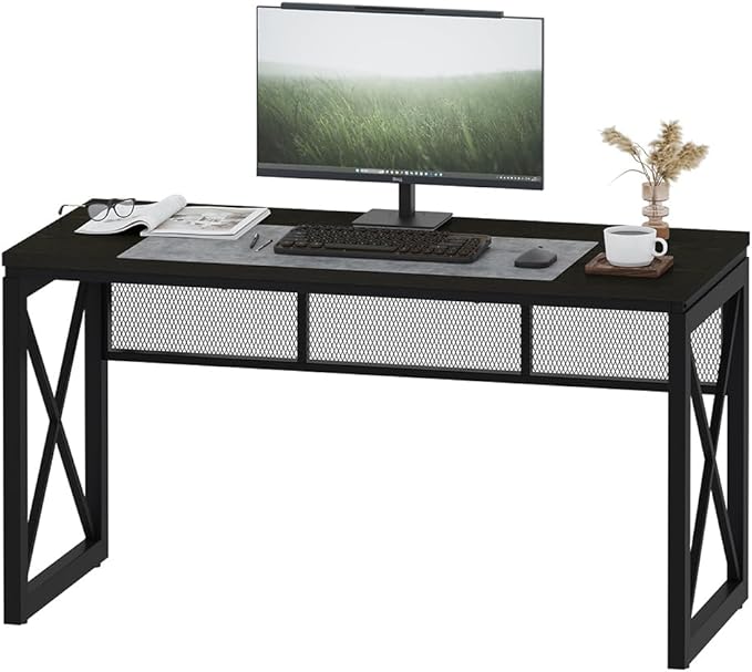 BON AUGURE Black Desk, Wood Computer Desk, Industrial Office Desks, Sturdy Writing Desks for Bedroom, Home Office, Living Room Study Workstation (Black, 54 Inch)