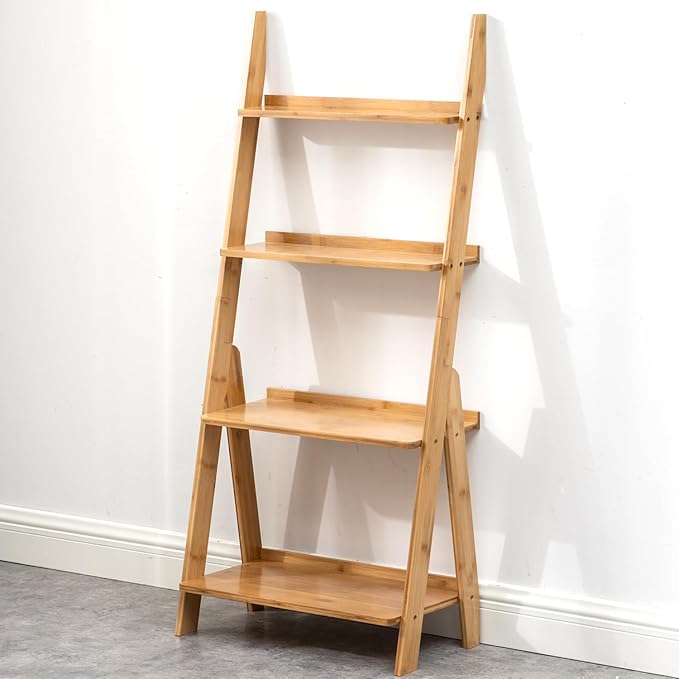 Maydear Bamboo Ladder Shelf Bookcase, 4-Tier Leaning Bookshelf Free Standing Organizer Storage Shelves for Living Room, Bedroom, Kitchen, Home Office, Balcony, Wood Color