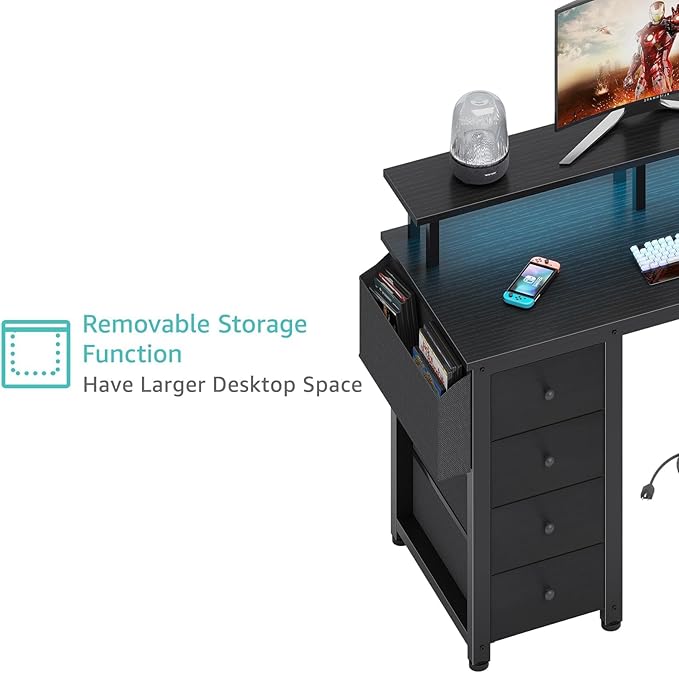 Lufeiya Black L Shaped Desk with Led Lights and Power Outlets, 47 Inch Writing Study Computer Gaming Desks with Fabric Drawers for Bedroom, Home Office Corner Desk with Monitor Stand Shelves, Black