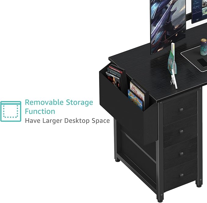 Lufeiya L Shaped Gaming Desk with Drawers & Storage Shelves, 47 Inch Reversible Corner Computer Desk with Power Outlet for Home Office Bedroom, L-Shaped Teen PC Desks with Fabric Drawer, Black